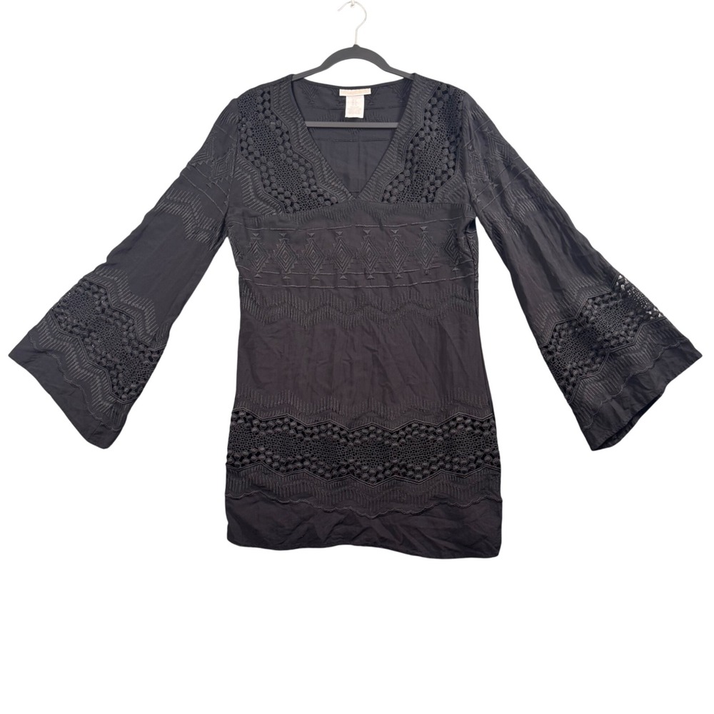 Witchy Whimsigoth Dark Romantic Black Crochet Bell Sleeve Tunic‎ Dress S Boho